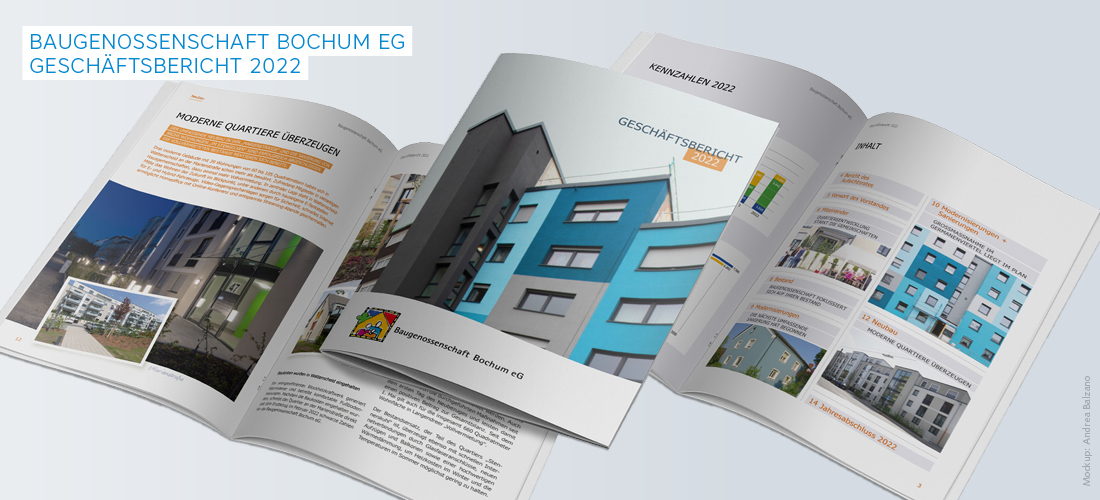 Titel und Innenseiten des Geschäftsberichts der Baugenossenschaft Bochum eG. Abgebildet werden unterschiedliche Immobilien (meist moderne und gerade renovierte Hochhäuser aber auch einzelne kleinere Mehrfamilienhäuser).