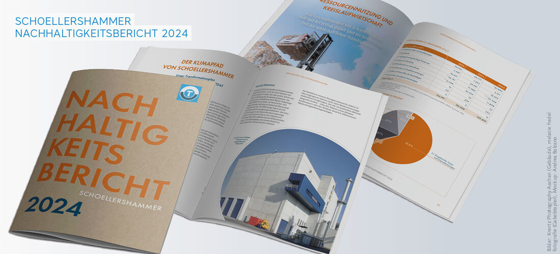 Design eines professionellen Nachhaltigkeitsberichts (NHB/CSR-Report) mit Umschlag, Aufmacherseite sowie Innenseiten mit Text, Kreisdiagramm und einer Tabelle. Der Umschlag ist aus Umweltpapier und wird mit großer Schrift bedruckt. Auf dem Bild einer Aufmacherseite wird gezeigt, wie ein Gabelstapler ein großen Packen Altpapier greift. In dem Kapitel zum „Klimapfad” ist das Bild eines großen Gebäudes.