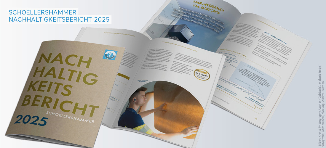 CSR-/Nachhaltigkeitsbericht designen lassen Aufgeschlagener Nachhaltigkeitsbericht 2025 von Schoellershammer mit Einblicken in Gestaltung und Inhalte des Berichts. Auf dem Titel stehen groß „Nachhaltigkeitsbericht 2025“ und „Schoellershammer“; die Innenseiten zeigen Texte, Grafiken und Fotografien zu Nachhaltigkeit, Energieverbrauch und Emissionen.